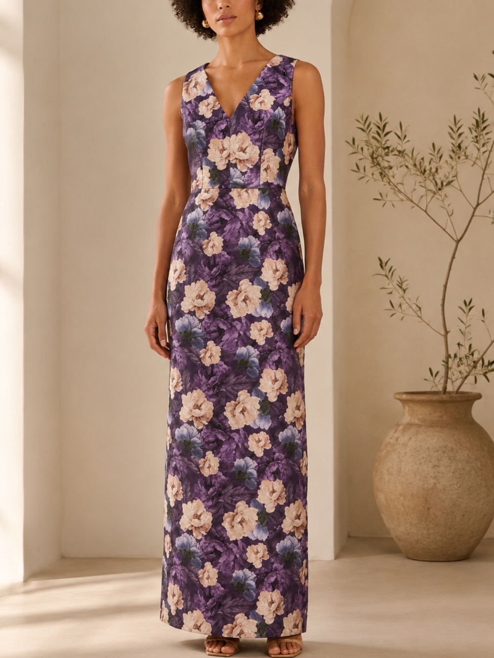 Sachin and Babi Adellyn Floral-Print Mikado Column Gown in winter peony